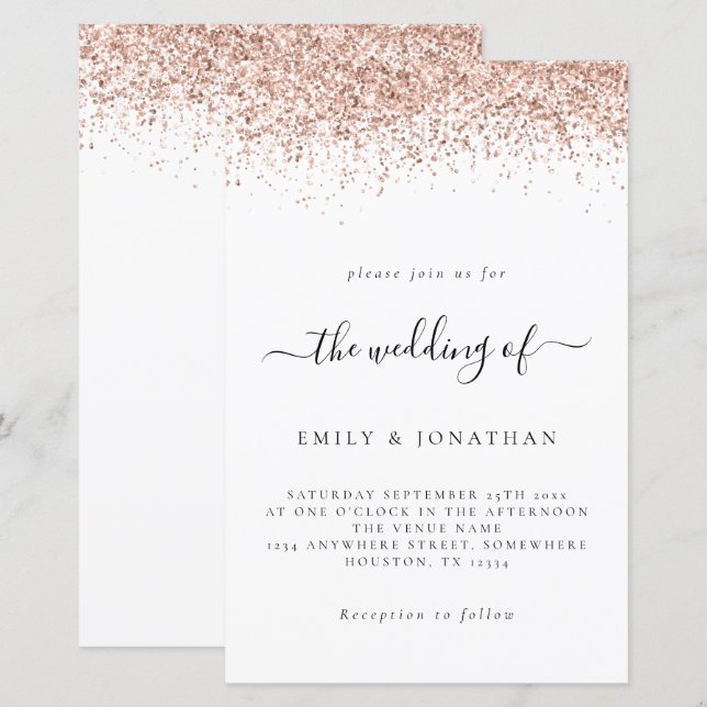 Budget Rose Gold Glitzer Hochzeit Weiße Einladung (Vorne/Hinten)