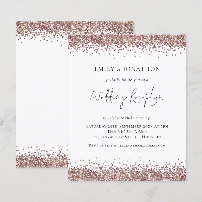 BUDGET Rose Gold Glitzer Hochzeitsempfang Einladun (Vorne/Hinten)