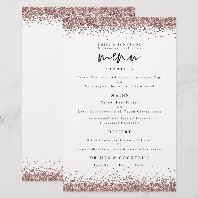 Budget Rose Gold Glitzer Hochzeitsmenü (Vorne/Hinten)