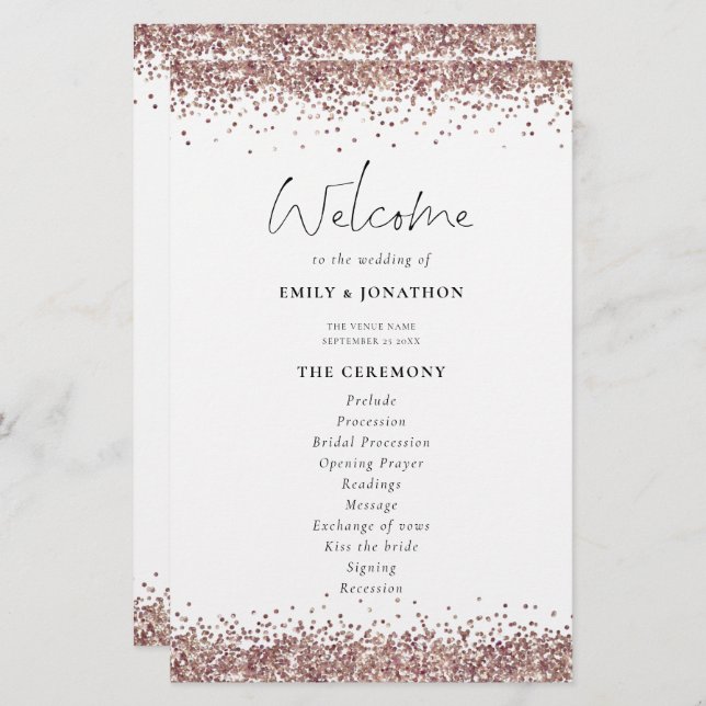 Budget Rose Gold Glitzer Hochzeitsprogramm White (Vorne/Hinten)