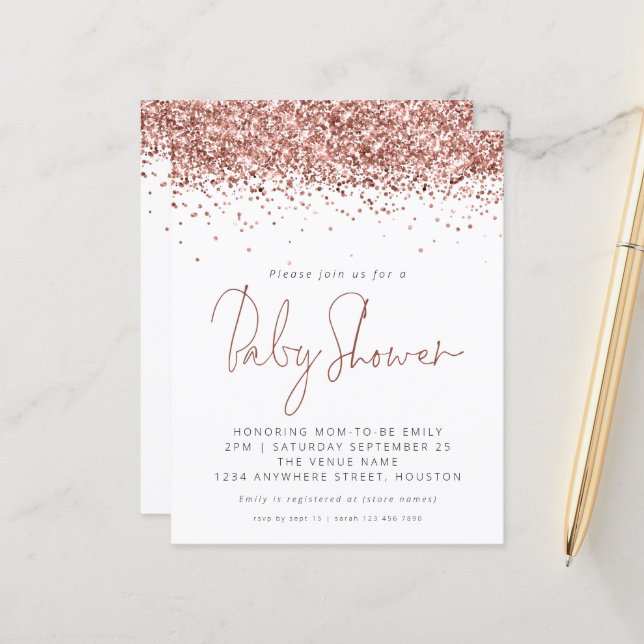 Budget Rose Gold Glitzer Kinderdusche Einladung (Vorderseite/Rückseite Beispiel)