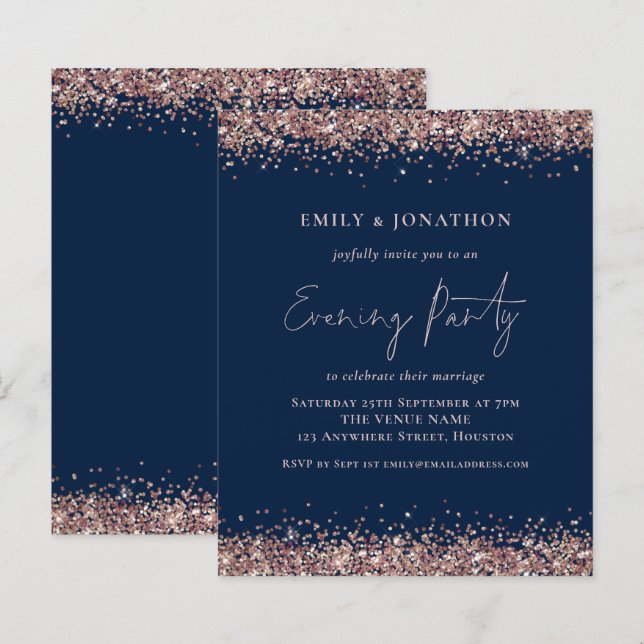 BUDGET Rose Gold Glitzer Navy Abend Einladung (Vorne/Hinten)