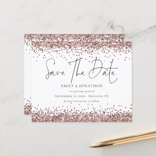 Budget Rose Gold Glitzer QR Code Hochzeitdatum Ret (Vorderseite/Rückseite Beispiel)