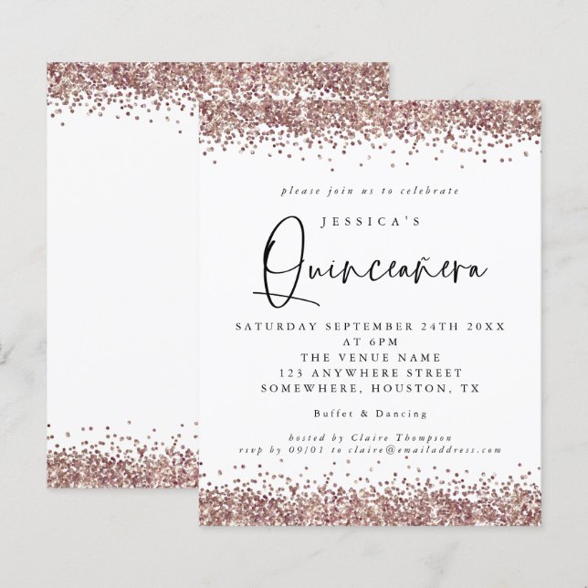 Budget Rose Gold Glitzer Quinceanera Einladung (Vorne/Hinten)