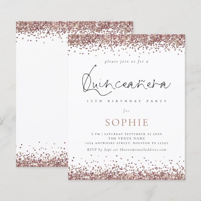 Budget Rose Gold Glitzer Quinceanera Party Einladu (Vorne/Hinten)