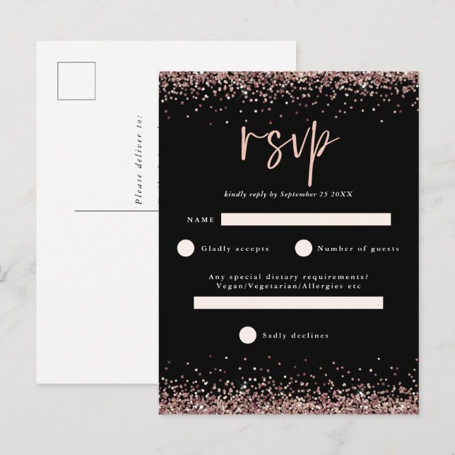 Budget Rose Gold Glitzer Script Black Wedding RSVP Postkarte (Vorne/Hinten)
