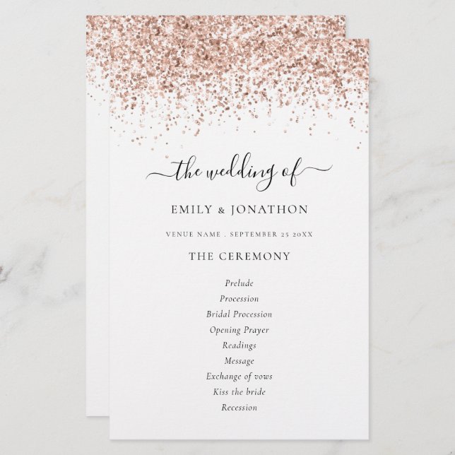 Budget Rose Gold Glitzer Script Hochzeitsprogramm (Vorne/Hinten)