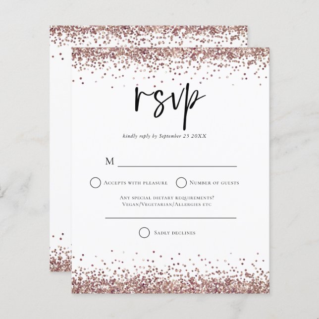 Budget Rose Gold Glitzer Script Wedding RSVP (Vorne/Hinten)