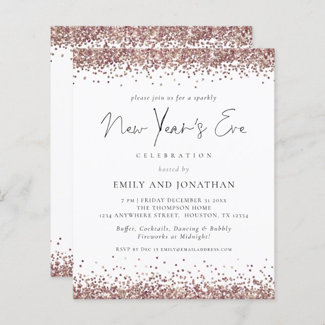 Budget Rose Gold Glitzer Silvester Party Invit (Vorne/Hinten)