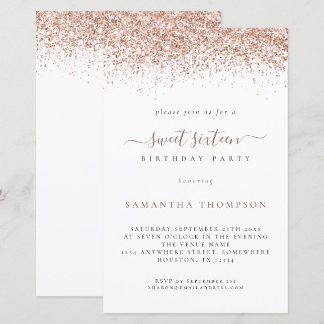 Budget Rose Gold Glitzer Sweet 16 Geburtstag Einla (Vorne/Hinten)