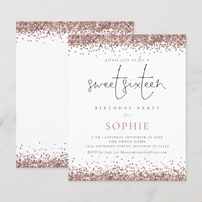 Budget Rose Gold Glitzer Sweet 16 Party Einladung (Vorne/Hinten)