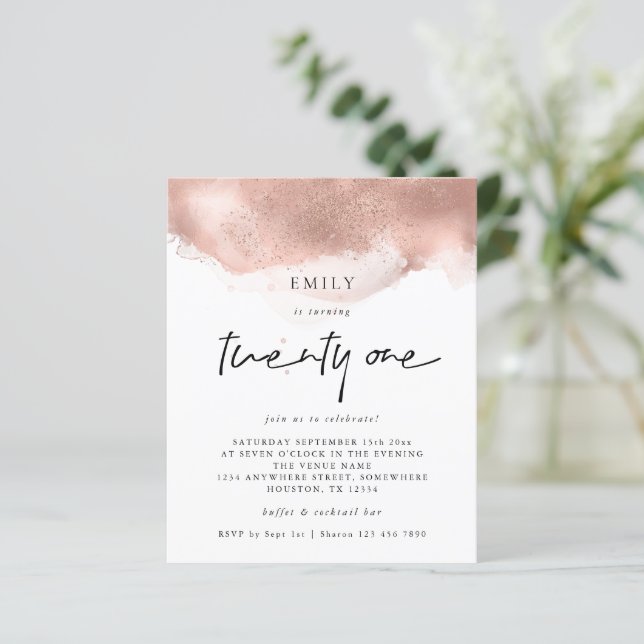 Budget Rose Gold Glitzer Tinte 21. Party Einladung (Stehend Vorderseite)