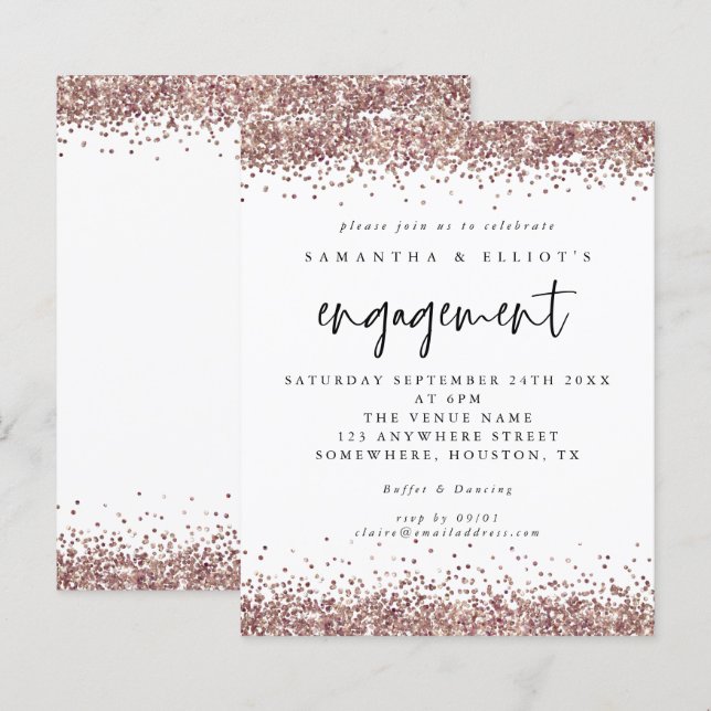Budget Rose Gold Glitzer Verlobung Weiße Einladung (Vorne/Hinten)