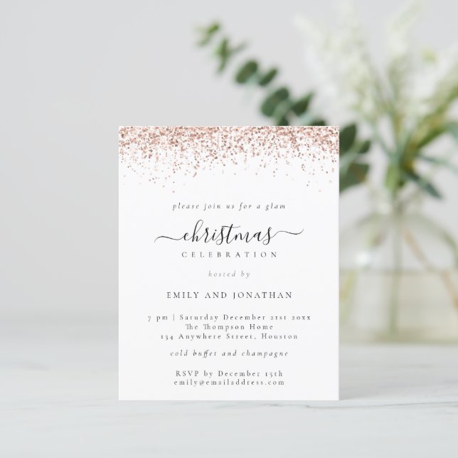 Budget Rose Gold Glitzer Weihnachts-Party Einladun (Stehend Vorderseite)