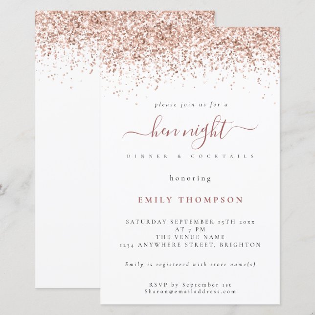 Budget Rose Gold Glitzer Weißer Hen Night Einladun (Vorne/Hinten)