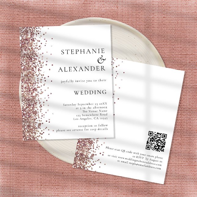Budget Rose Gold Glitzer White QR Hochzeit Einladu (Von Creator hochgeladen)