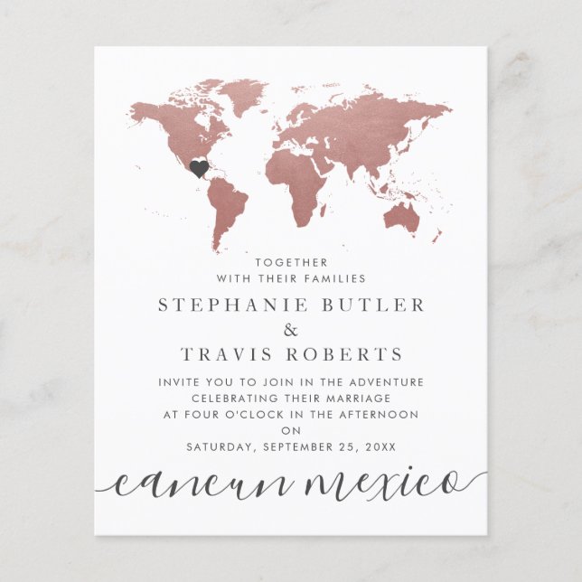 Budget Rose Gold Rose Carte Destination Mariage (Devant)