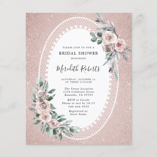 Budget Rosen Glitzer Brautdusche Einladung (Vorderseite)
