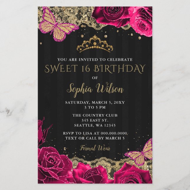 Budget Roses Black Gold Sweet 16 Einladung (Vorderseite)
