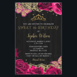 Budget Roses Black Gold Sweet 16 Einladung<br><div class="desc">Budget Elegant Vintag rosa Rosen Schmetterlinge Schwarze goldene Spitzen Sweet 16 Geburtstag Einladung</div>