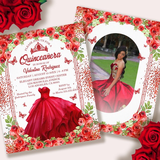 Budget Rote Floral Quinceanera Einladung Flyer (Budget Red Floral Quinceanera Invitation Flyer)