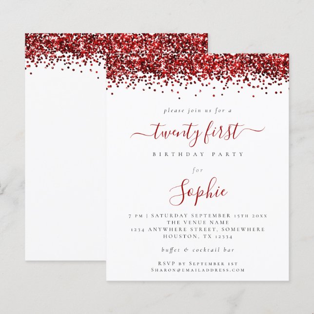 Budget Roter Glitzer 21. Party Einladung (Vorne/Hinten)