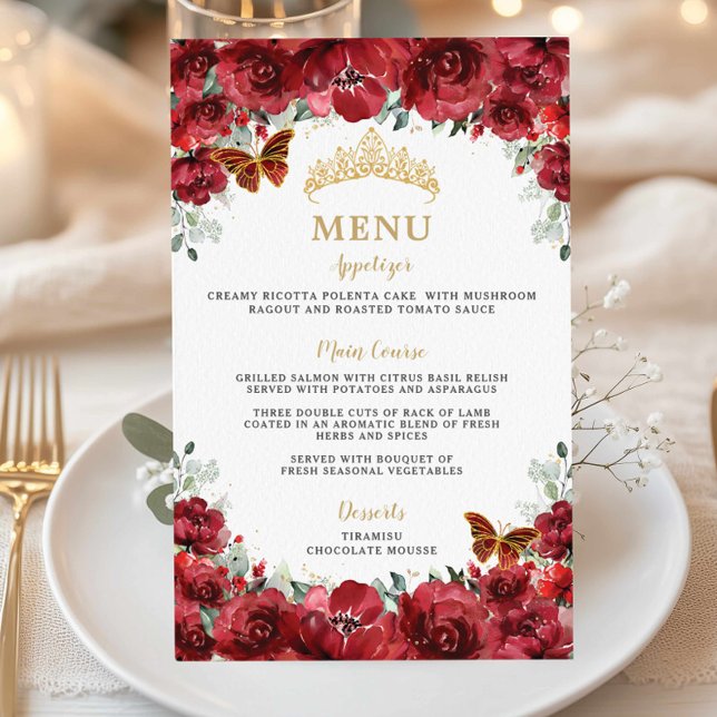 Budget Rouge Floral Or Quinceañera Sweet 16 Menu (budget cheap printed menu paper sheet red flowers floral butterflies Quinceañera xv 15 sweet 16 )