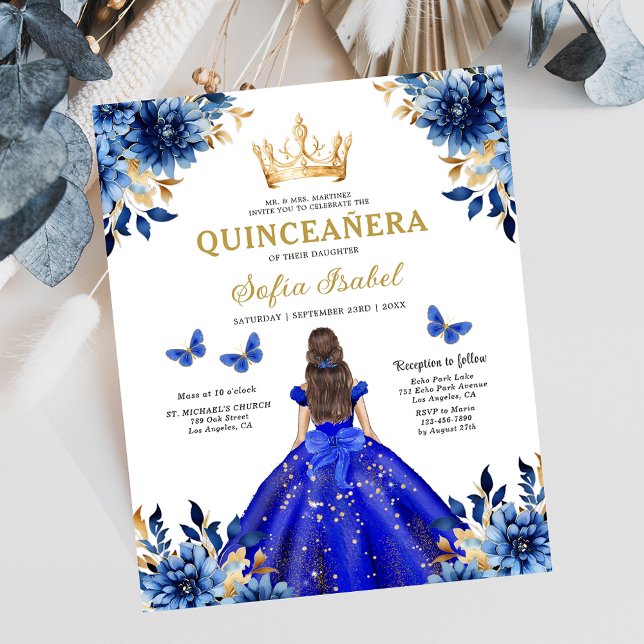 Budget Royal Blue Bilingual Spanish Quinceanera Flyer (Von Creator hochgeladen)