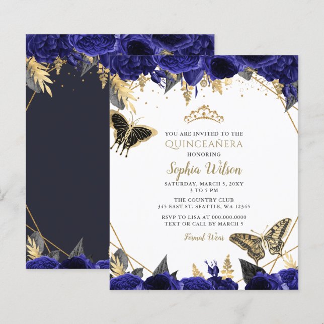 Budget Royal Blue Butterfly Quinceañera Einladung (Vorne/Hinten)