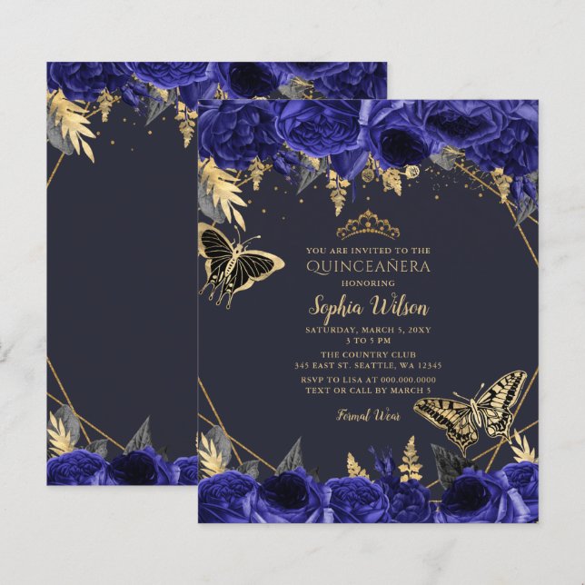 Budget Royal Blue Butterfly Quinceañera Einladung (Vorne/Hinten)