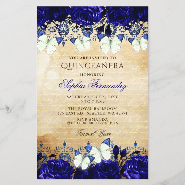 Budget Royal Blue Butterfly Quinceañera Einladung (Vorderseite)