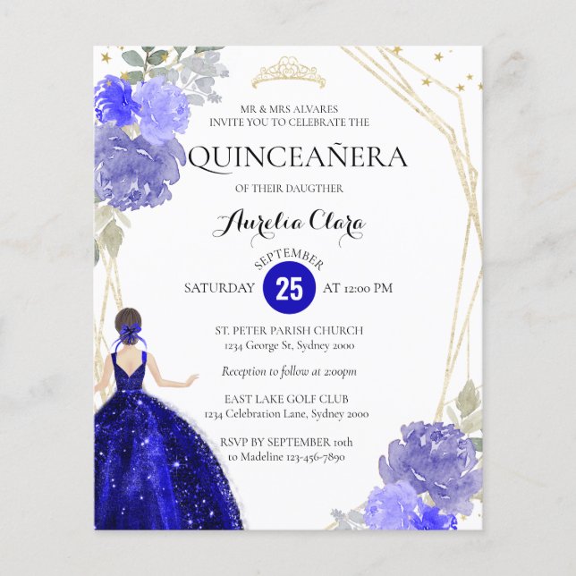 Budget Royal Blue Floral Geometric Quinceañera (Vorderseite)