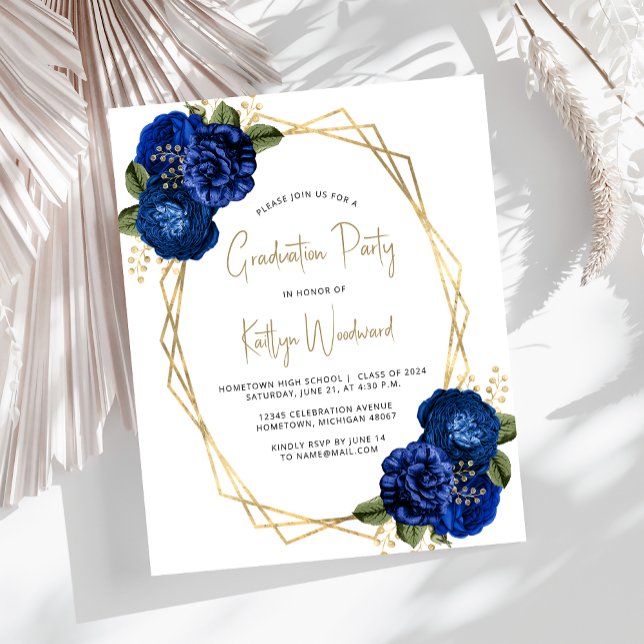 Budget Royal Blue Floral Graduation Party Einladun (Von Creator hochgeladen)