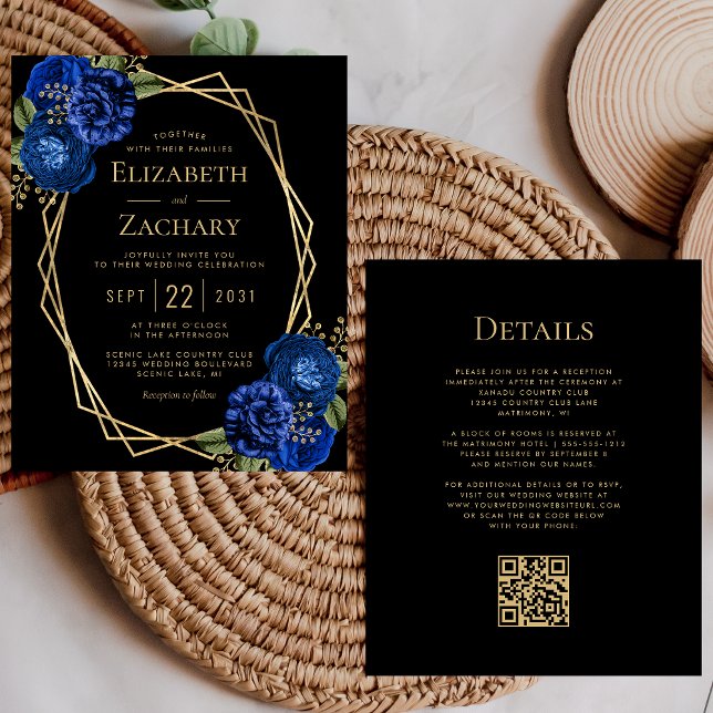 Budget Royal Blue Floral QR Code Black Wedding (Von Creator hochgeladen)