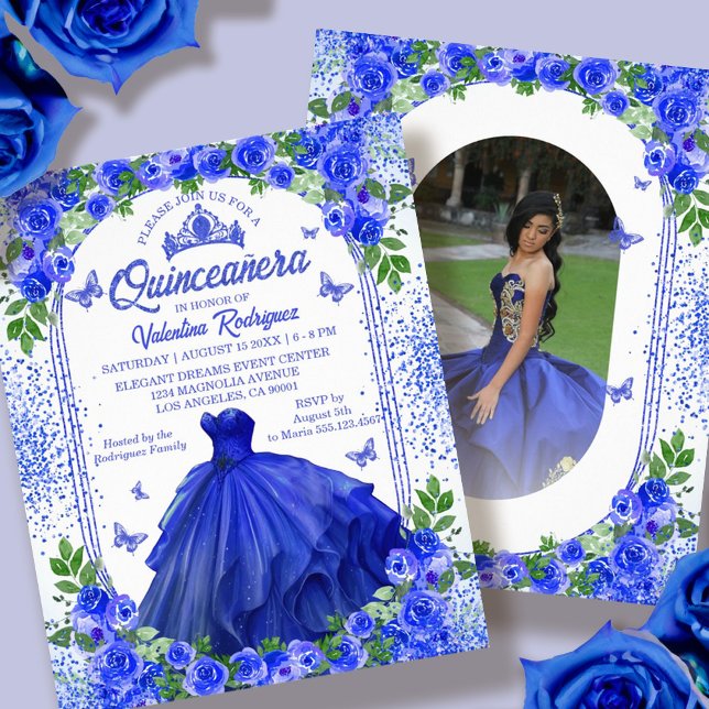Budget Royal Blue Floral Quinceanera Einladung Flyer (Budget Blue Floral Quinceanera Invitation Flyer)