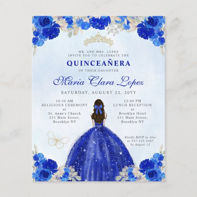 Budget Royal Blue Gold Floral Princess Quinceañera (Vorderseite)