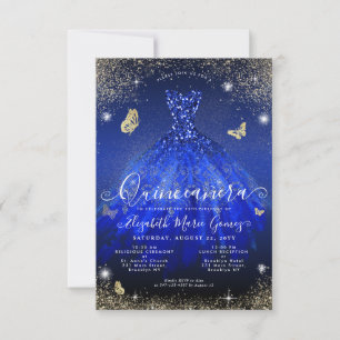 Budget Royal Blue Gold Glitzer Gown Quinceanera Mitteilungskarte