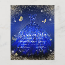 Budget Royal Blue Gold Gown Quinceanera Einladung