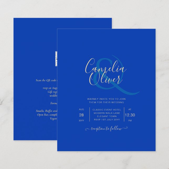 Budget Royal Blue Monochrome Wedding INVITE (Vorne/Hinten)