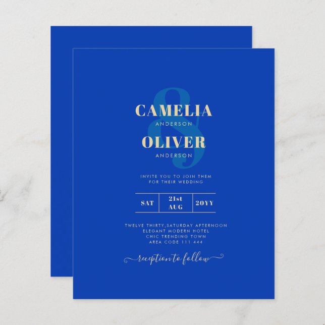 Budget Royal Blue Monochrome Wedding INVITE (Vorne/Hinten)