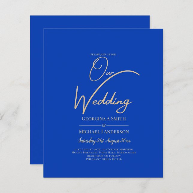 Budget Royal Blue Monochrome Wedding INVITE (Vorne/Hinten)