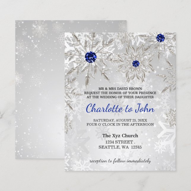 Budget Royal Blue Snowflakes Einladung Hochzeit (Vorne/Hinten)
