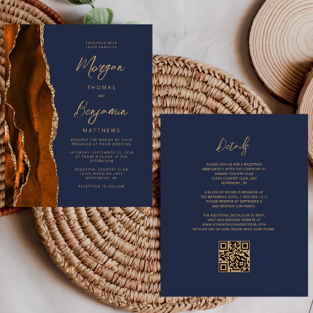Budget Rust Agate Navy Blue QR Code Hochzeit einla (Von Creator hochgeladen)