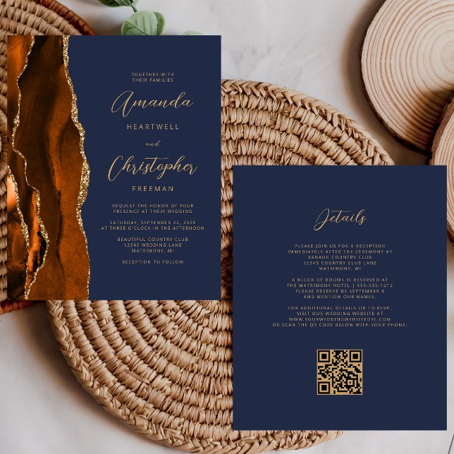 Budget Rust Gold Agate Navy Blue QR Code Hochzeit (Von Creator hochgeladen)