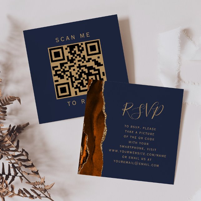 Budget Rust Gold Agate Navy Hochzeit QR Code UAWG Begleitkarte (Von Creator hochgeladen)