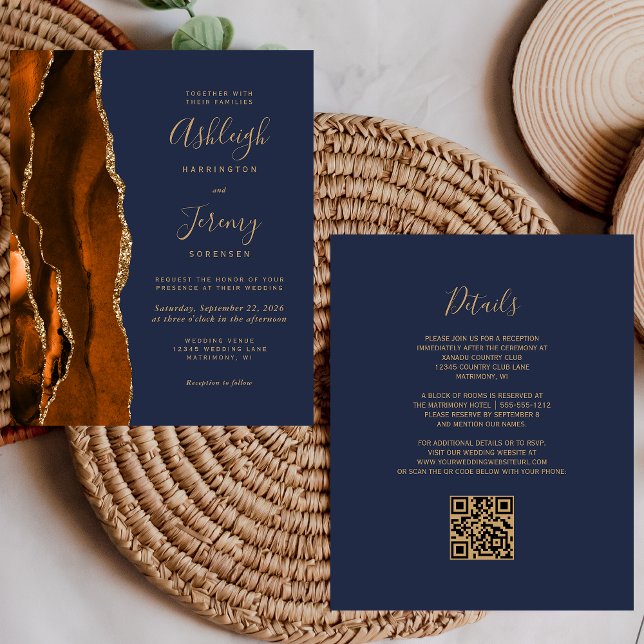 Budget Rust Gold Navy Blue QR Code Hochzeit einlad (Von Creator hochgeladen)