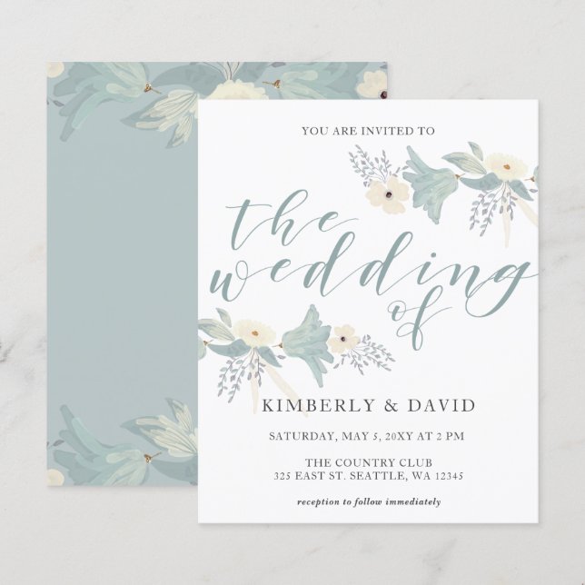 Budget Rustic Dusty Blue Floral Wedding Einladung (Vorne/Hinten)