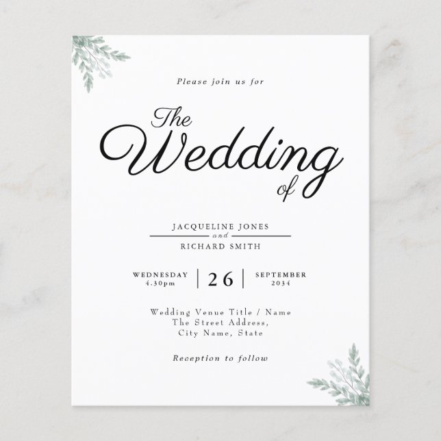 Budget Rustic Eucalyptus Wedding Einladung Flyer (Vorne)