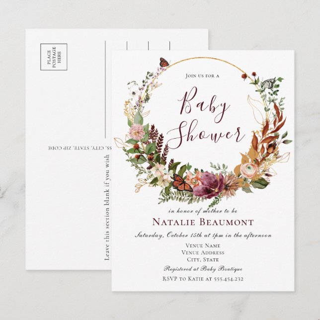 Budget Rustic Fall Floral & Greenery Babydusche Einladungspostkarte (Vorne/Hinten)