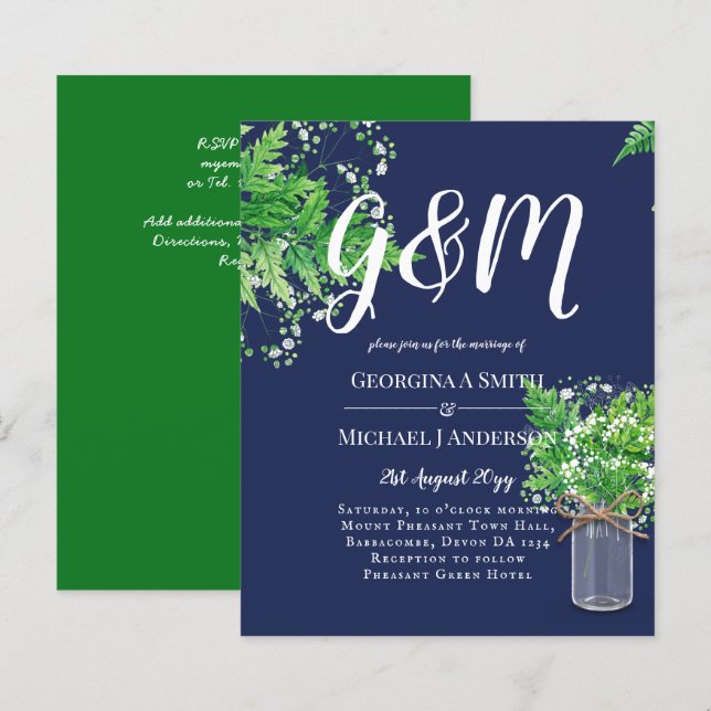 BUDGET Rustic Ferns Greenery Blue Wedding Einladun (Vorne/Hinten)